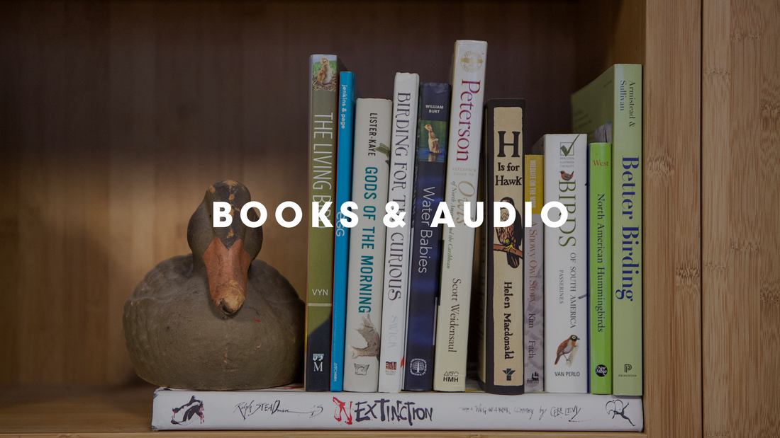  Books and Audio Gilligallou Bird. Books and wooden duck on book shelf.